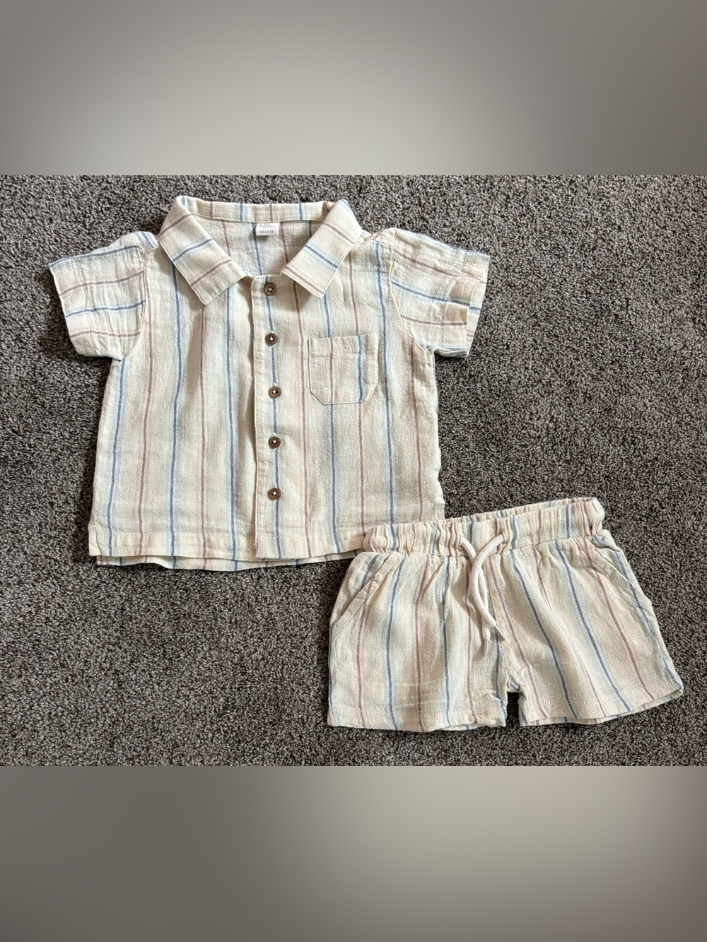 Striped Cream Short-Sleeve Shirt & Shorts Kids Matching Set